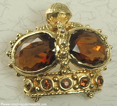 Noble Signed ACCESSOCRAFT Crown Pin with Huge Amber Rhinestones