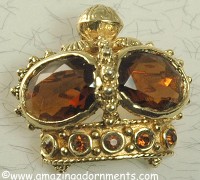 Noble Signed ACCESSOCRAFT Crown Pin with Huge Amber Rhinestones