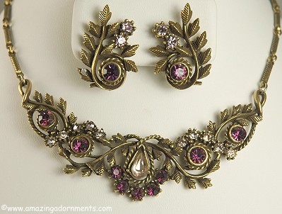 Fabulous Antique Look Purple Rhinestone Necklace and Earring Set