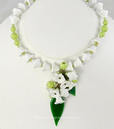 Vintage Signed MIRIAM HASKELL Green and White Glass Floral and Leaves Motif Necklace