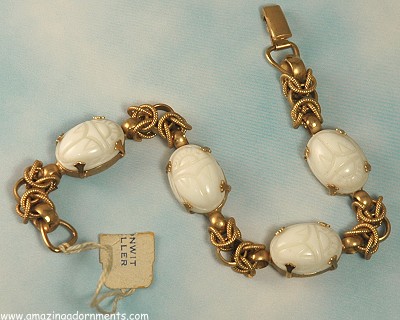 White Glass Scarab Bracelet with Bonwit Teller Tag Signed WARNER