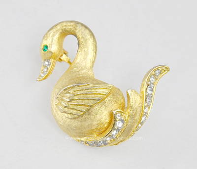 Graceful Vintage Golden Swan Pin with Rhinestones Signed BOUCHER