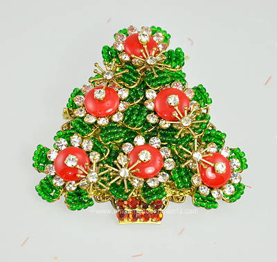Early Signed STANLEY HAGLER Wired Glass Bead and Rhinestone Christmas Tree Pin