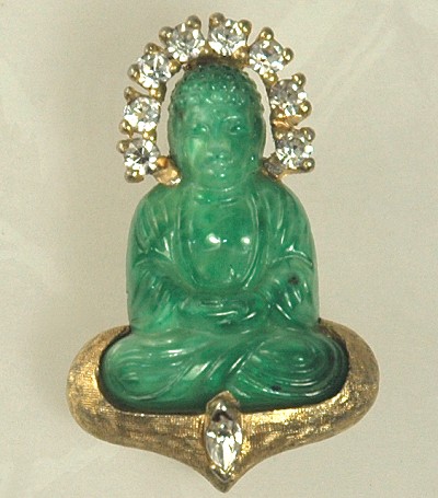 Vintage Carved Glass Sitting Buddha Pin with Rhinestones Signed JOMAZ