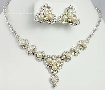 Exceptional Real Look Rhinestone and Pearl Demi- Parure Signed BOGOFF