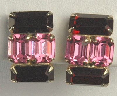 Stupendous Pink and Red Rhinestone Earrings Signed CORO