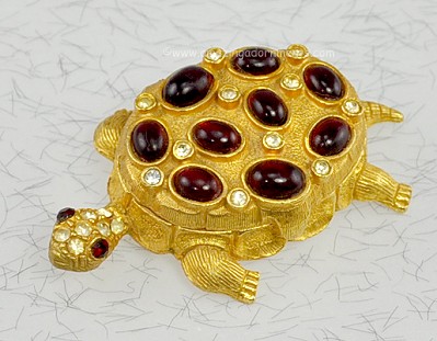 Inspired Vintage Signed Florenza Turtle Trinket or Pill Box with Red Cabochons and Rhinestones
