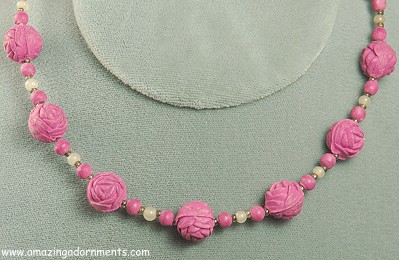 Superb Old Carved Wood Rose Flower Necklace