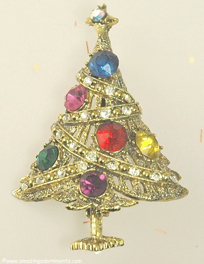 Cheery Multi- colored Rhinestone Christmas Tree Pin Signed HOLLYCRAFT ~ BOOK PIECE