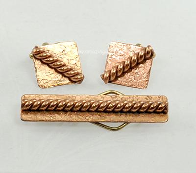 Hand Wrought Vintage Copper Cufflink and Tie Bar Set Signed GRET BARKIN