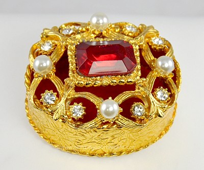 Stupendous Vintage Signed Florenza Cardinal Red Rhinestone and Faux Pearl Trinket Box