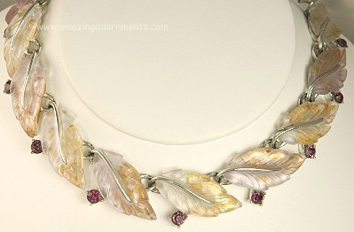Mid- 20th Century Lavender Thermoplastic Leaves and Rhinestone Necklace Signed LISNER