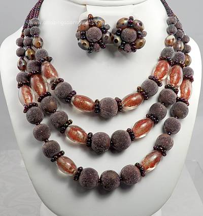 Vintage Triple Strand Mixed Bead Necklace and Earring Set Signed HOB