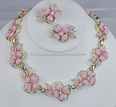 Garden Party Vintage Pink Thermoplastic and Rhinestone Flower Set Signed KRAMER