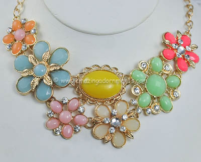 Contemporary Multi-colored Resin and Rhinestone Spring Floral Necklace