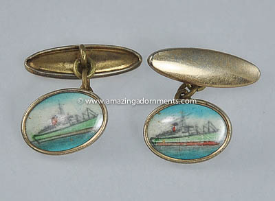 Vintage Unsigned Essex Crystal Reverse Painted Ship Cufflinks