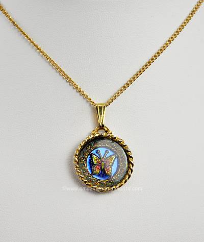 Unique Vintage Necklace with Enamel Butterfly Pendant