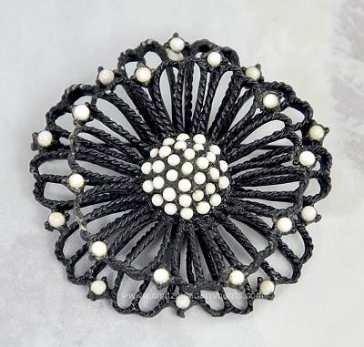 Frilly Vintage Dimensional Japanned Flower Brooch with White Stones