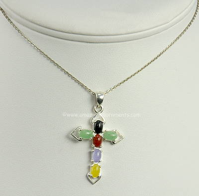 Sterling Silver and Colored Gem Stone Cross Pendant Necklace Signed ITALY