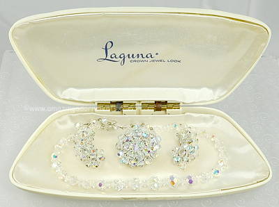 Entrancing Vintage Clear Crystal Three Piece Parure Signed LAGUNA