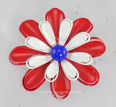 Vintage Unsigned Patriotic Red, White and Blue Enamel Flower Power Brooch