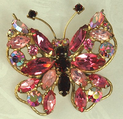 Vivid Rhinestone Butterfly Brooch in Pinks Signed REGENCY BOOK PIECE
