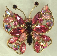 Vivid Rhinestone Butterfly Brooch in Pinks Signed REGENCY BOOK PIECE