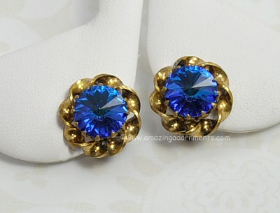 Beautiful Blue Rivoli Rhinestone Earrings Signed MADE in AUSTRIA
