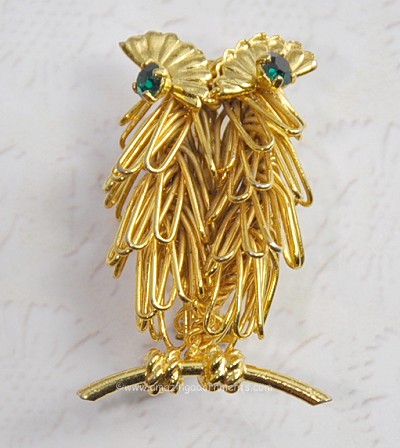 Adorable Shaggy Wire Work Owl Pin with Rhinestone Eyes Signed DIRECTION ONE