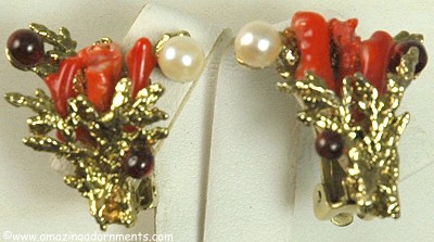 Fascinating Real Coral, Pearl and Red Gemstone Earrings Signed SWOBODA