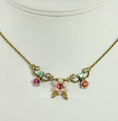 Ladylike Brand New Pink Rhinestone Flower and Enamel Necklace Signed MICHAL NEGRIN