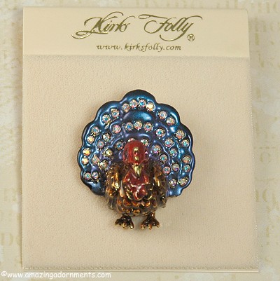 Signed KIRKS FOLLY Enamel and Rhinestone Turkey Pin on Original Card