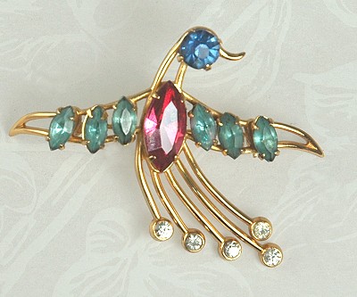 Wire Work Bird Pin with Rhinestones 1940s CORO