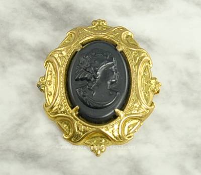 Intricate Vintage Victorian Look Black Cameo Brooch
