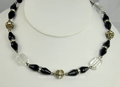 Glam Vintage Black and Clear Glass Plus Rhinestone Rondell Necklace