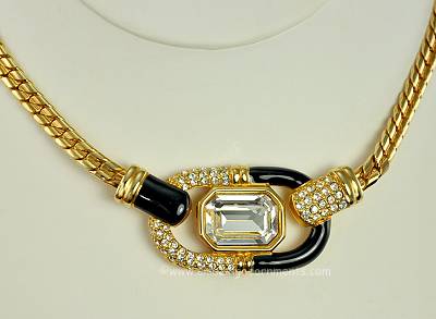 Fashionable Art Deco Look Black Plastic and Clear Rhinestone Necklace