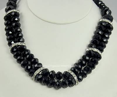 Stylish Double Strand Jet Black Crystal Necklace with Rhinestone Spacers