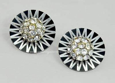 Funky Vintage Black and Silver Plastic Disc Earrings with Rhinestone Domes