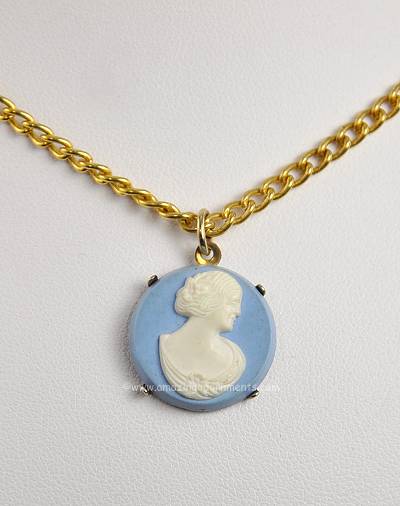 Feminine Vintage Wedgwood Blue and White Cameo Pendant Necklace