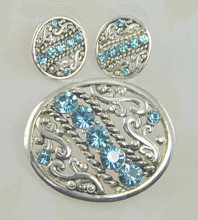 Unsigned Ornate Blue Open Metal Work Brooch/Pendant and Earring Set