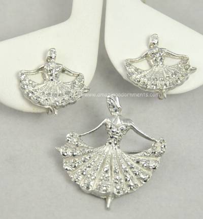 Delightful Vintage Ballerina Pin and Earring Set with Marcasites