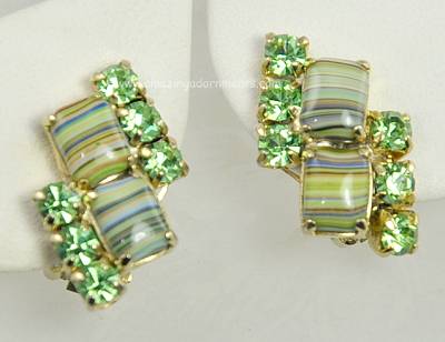 Vintage Unsigned Green Art Glass and Rhinestone Earrings