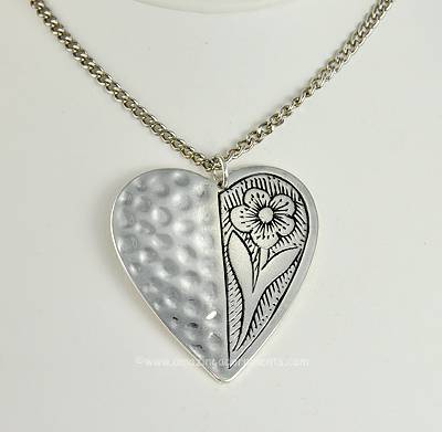 Large Vintage Hammered and Etched Heart Pendant Necklace