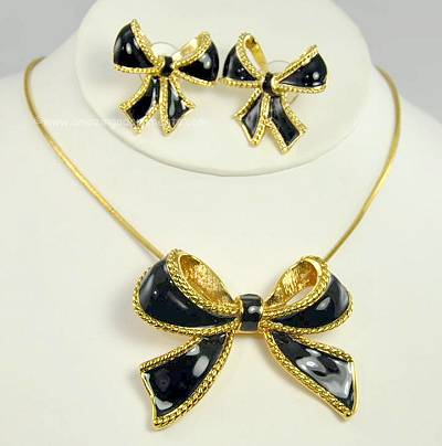 Refined Black Enamel Bow Slide Necklace and Earring Set Signed K.J.L. for AVON