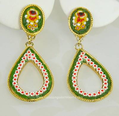 Vintage Open Tear Shaped Drop Mosaic Clip- on Earrings