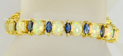 Stupendous Gold Vermeil over Sterling Silver Opal Glass and Blue Rhinestone Bracelet