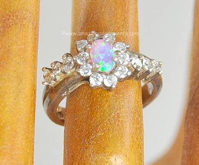Flashy Opal and Clear Rhinestone Sterling Silver Ring~ Size 6.5