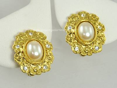 Classy Unsigned Ornate Faux Pearl and Rhinestone Earrings