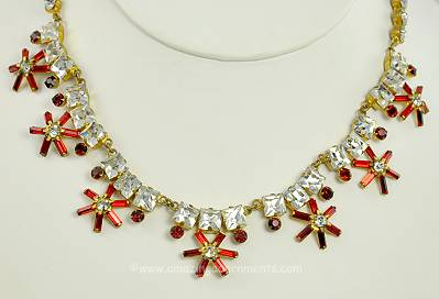 Dazzling Vintage Red and Clear Rhinestone Festoon Necklace