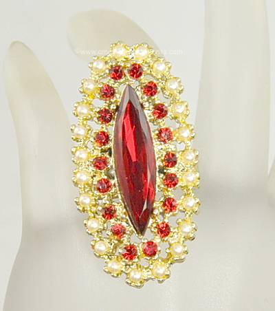 Lavish Vintage Cocktail Ring with Red Rhinestones and Faux Pearls